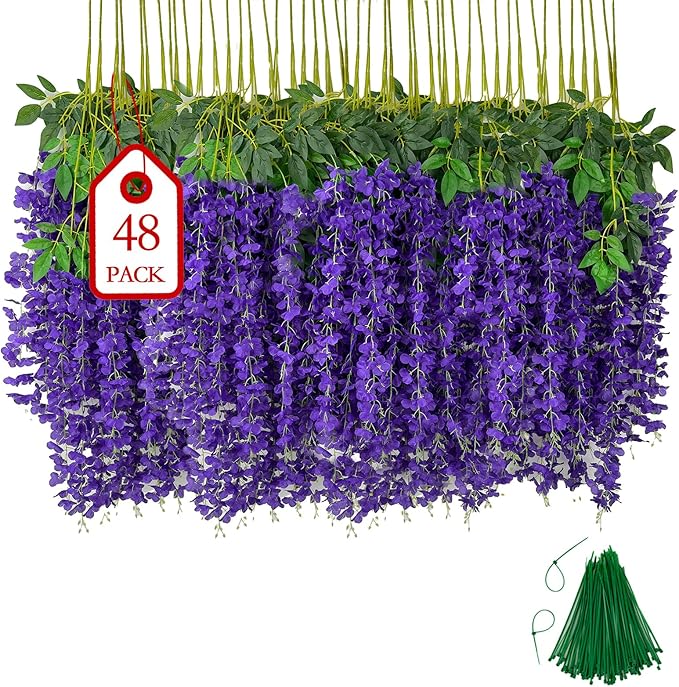 Artificial Wisteria Flower Vines, 48 Pack, Dark Purple