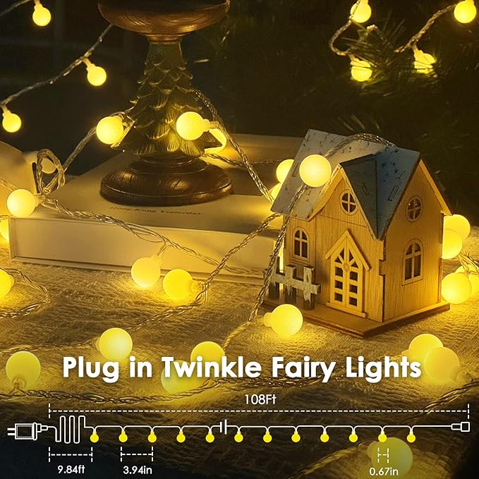 String Lights 108ft Warm White LED Globe, Connectable Indoor Outdoor