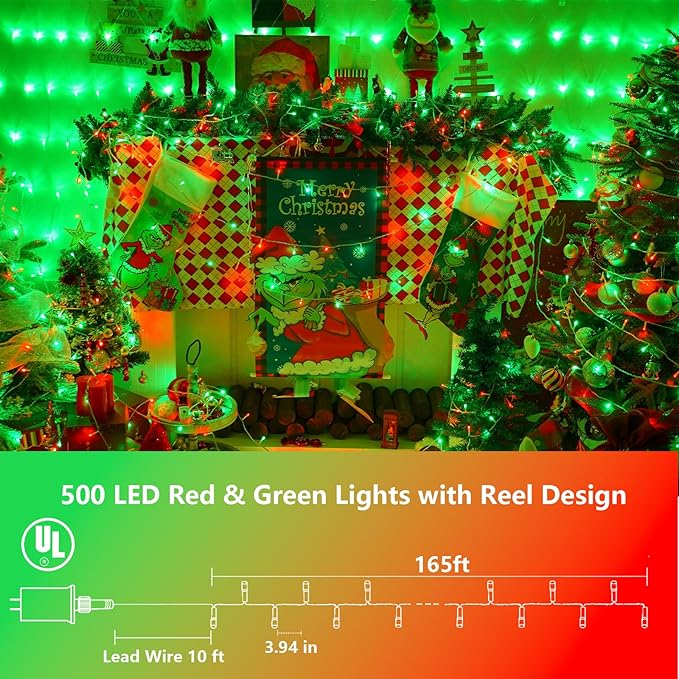 String Lights, 500 LED Red and Green Outdoor Christmas Lights 165ft
