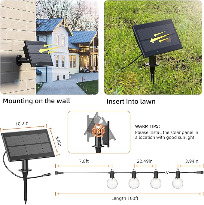 String Lights 100FT Solar Edison Bulbs IP65 Waterproof Warm White