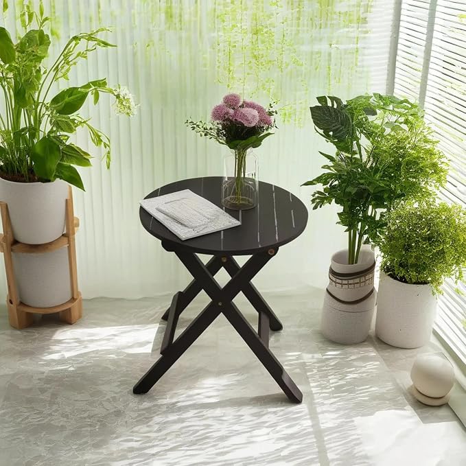Outdoor Small Round Folding Side Tables, Foldable Wooden End Table - Image 2