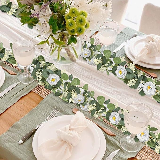 Artificial Eucalyptus Garland with Roses, 2-Piece Set, Green and White