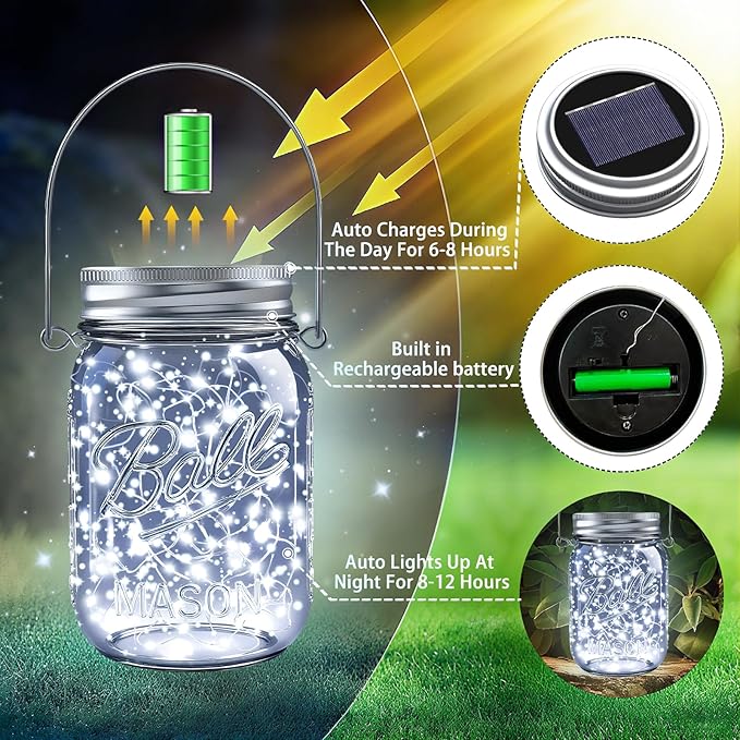 String Lights 12-Pack Solar Mason Jar Lights, Cool White LED