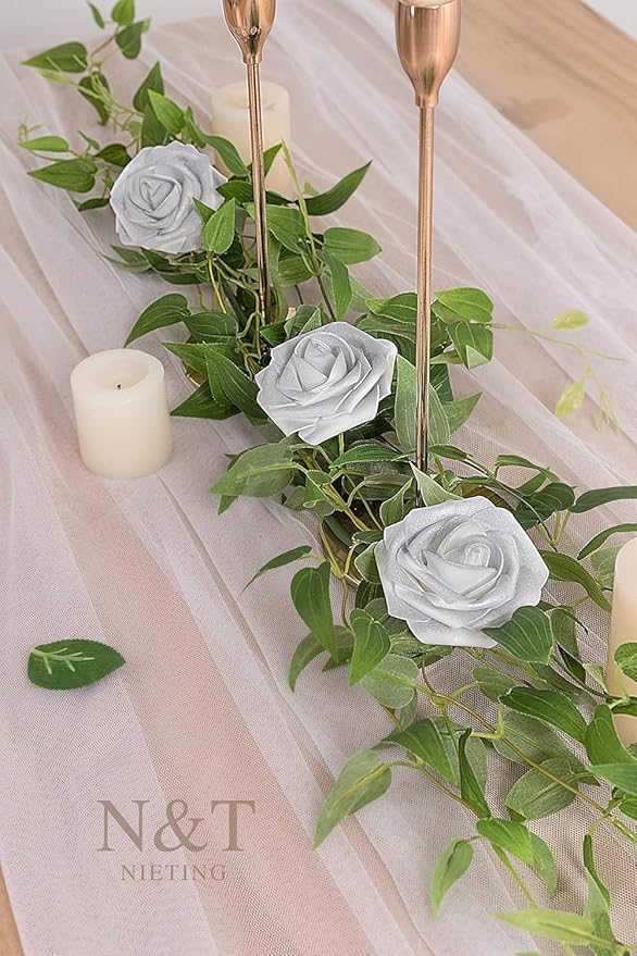 Artificial Flowers, 50 Silver White Foam Roses with Bendable Stems