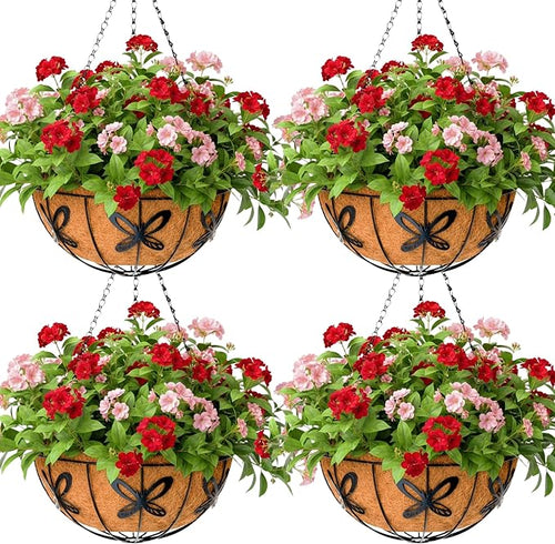 14 inch Metal Hanging Baskets For Plants Outdoor 4 Pack Round Metal Wire by JFFLYIT