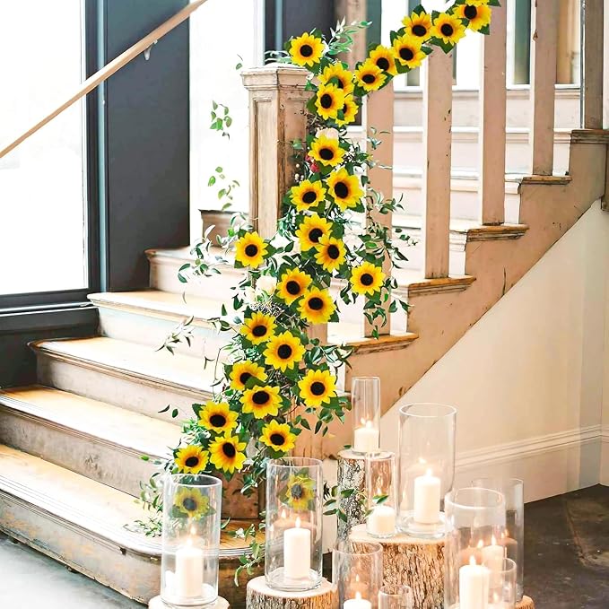 Artificial Sunflower Garland, 7.5 Ft Silk Vines in Yellow and Green
