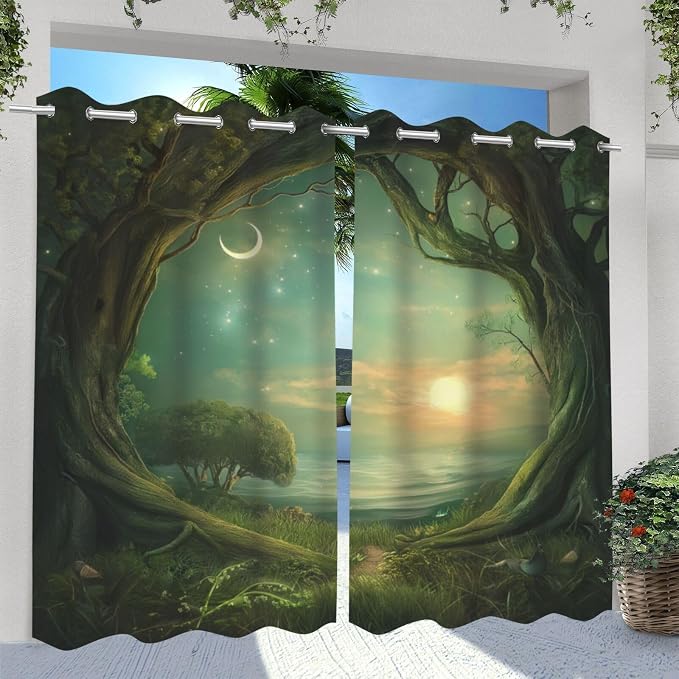Forest Theme Waterproof Indoor/Outdoor Curtains, Trees Moon Lake Pattern - Image 2