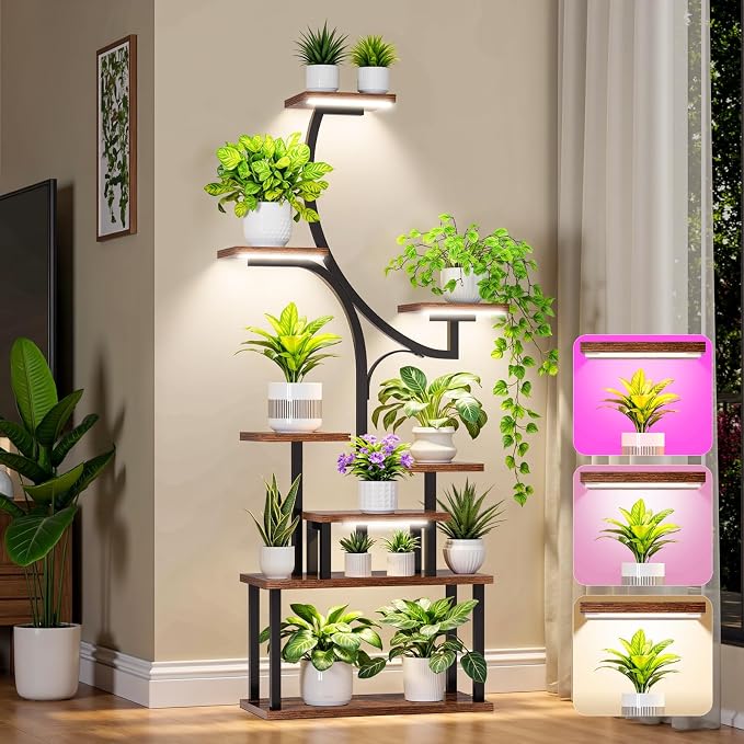 Plant Stand Indoor with 4 Grow Lights & 3 Colors, 8 Tiered Corner Plant Shelf by softeen