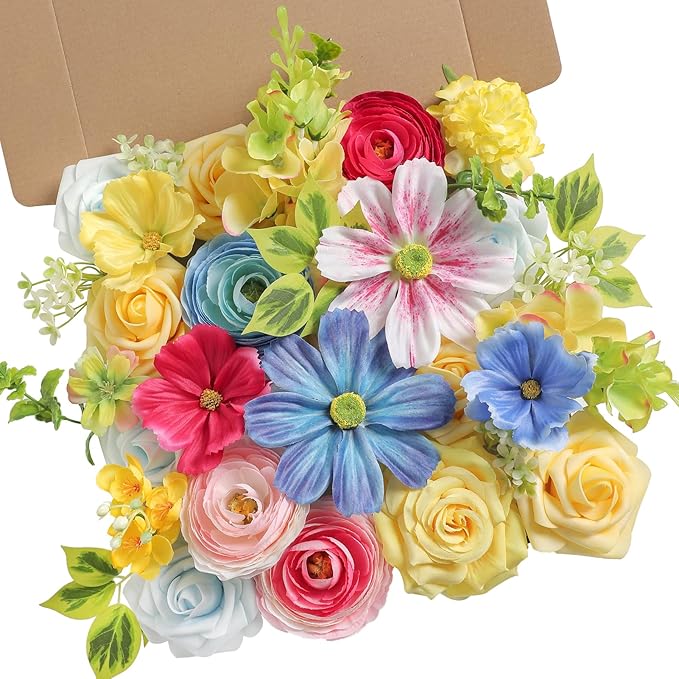 Artificial Flowers Bulk Set, 25 Rainbow Heads with 30 Stems and 13 Leaves