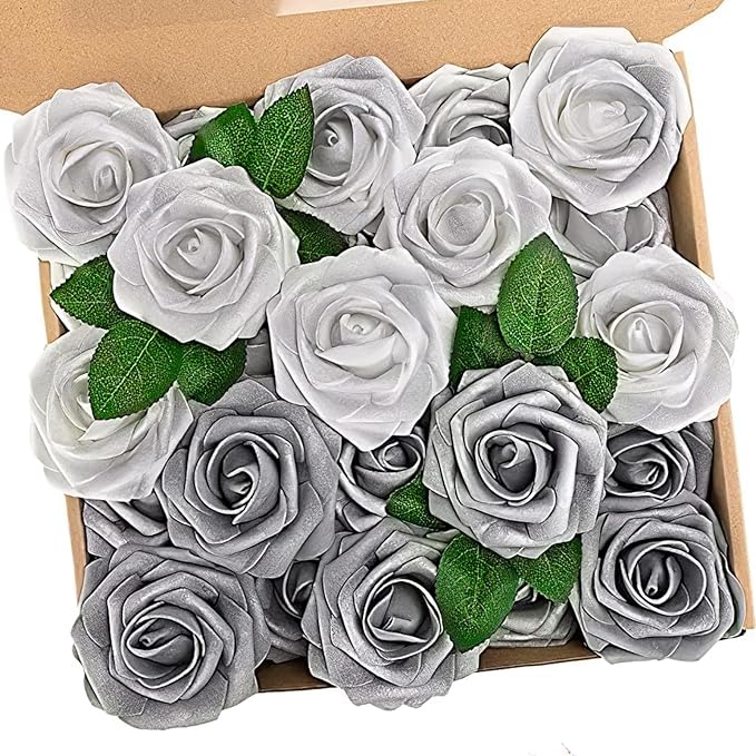 Artificial Flowers: 50 Foam Roses in Silver White and Silver Grey