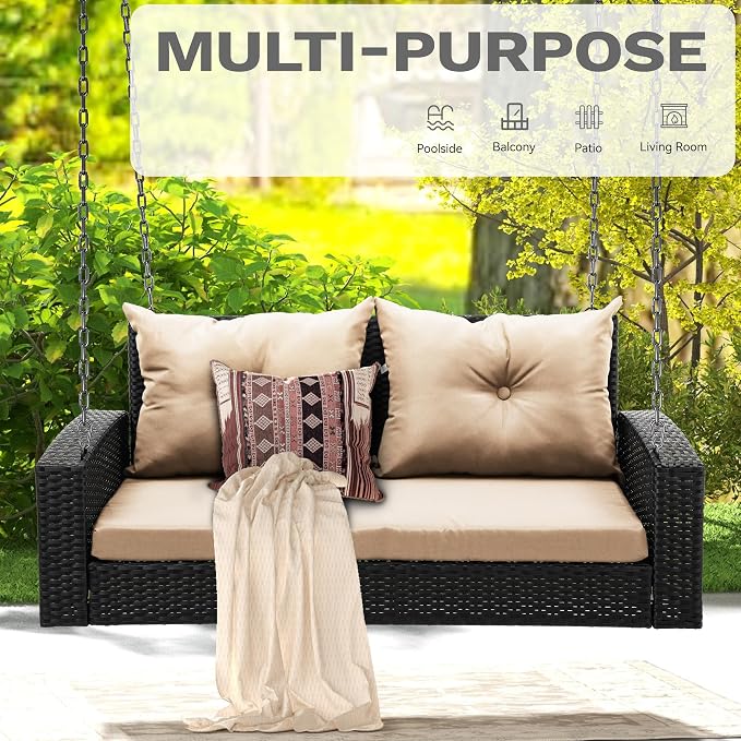 DWVO Wicker Hanging Porch Swing Chair Outdoor Brown Rattan Patio Swing Lounge - Image 2