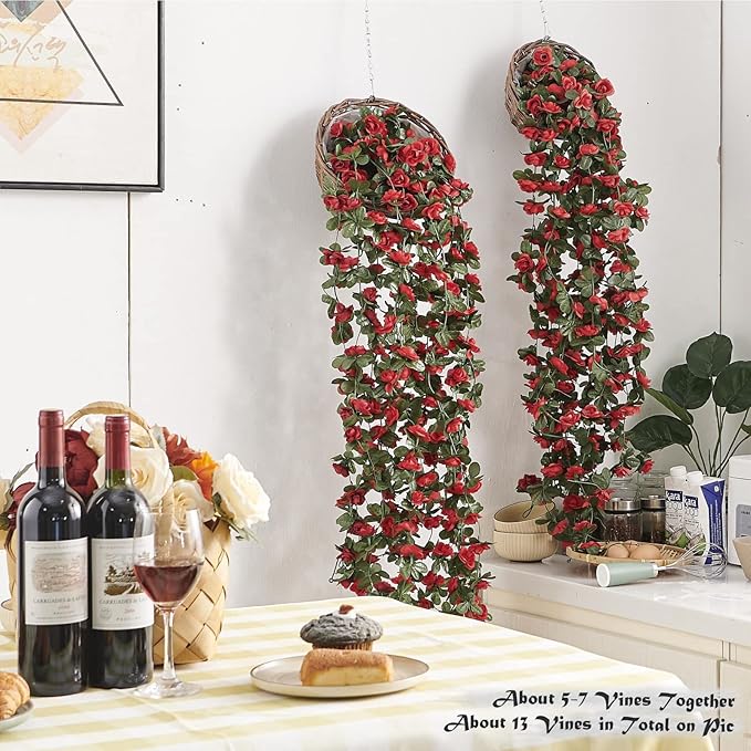Artificial Rose Garland Vines, 8 Pack, 8.2 ft Spring Red Flowers