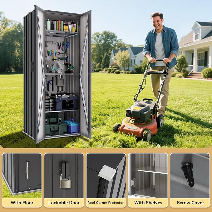 Greesum Outdoor Metal Storage Cabinet, Vertical Tool Organizer - Image 3