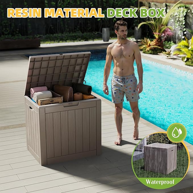 Deck Box, 30 Gallon Grey Resin, Waterproof and UV-Resistant Outdoor Storage