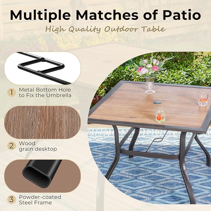 Dining Table 37-Inch Square Outdoor Table with Umbrella Hole, Black