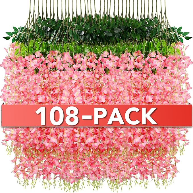 Artificial Flowers: 108 Pink Wisteria Vines, 3.6 Ft Length