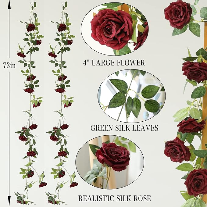 Artificial Greenery Rose Vine Garland, 2 Pack, 73 Inch, Burgundy