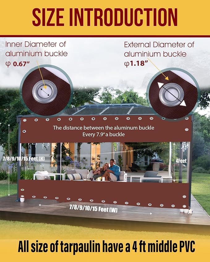 Outdoor Curtains with Clear Vinyl Panels, 8 x 8 ft, Waterproof, Brown