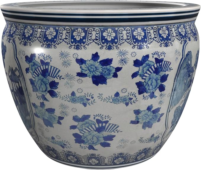 Red Lantern 12" Ladies Blue & White Porcelain Fishbowl Planter or Cachepot - Image 6