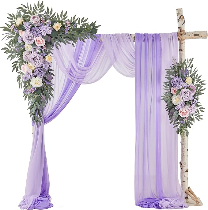 Artificial Flowers Lilac Silk Wedding Arch Decor Set, Sheer Drapes Included