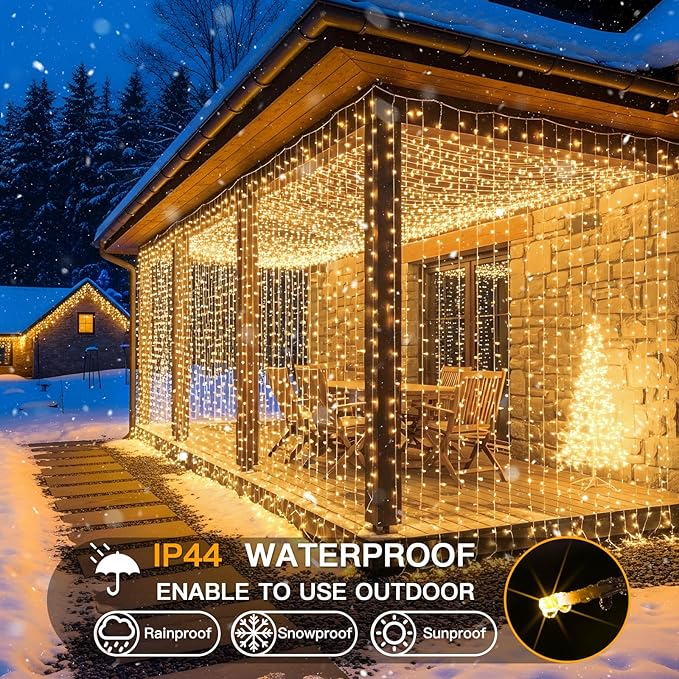 Curtain String Lights, 900 LED, Warm White, 8 Modes