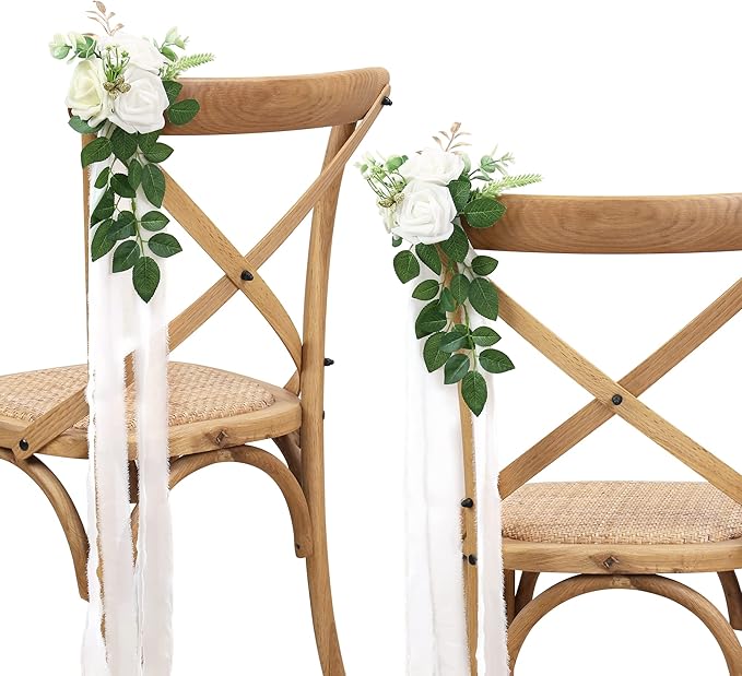 Artificial Rose Chair Flowers for Wedding Aisle, Set of 10 in White