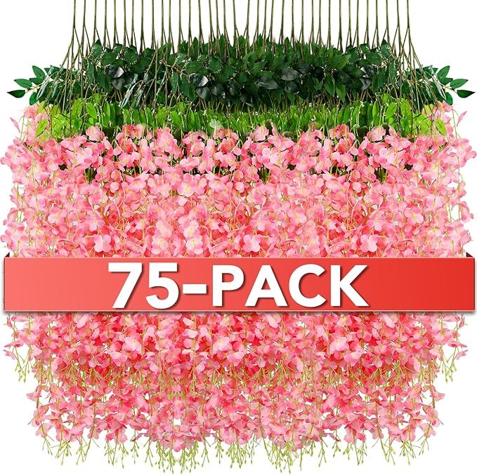 Artificial Wisteria Flower Vines, 75 Pink Silk and Plastic Stems, 3.6 Ft