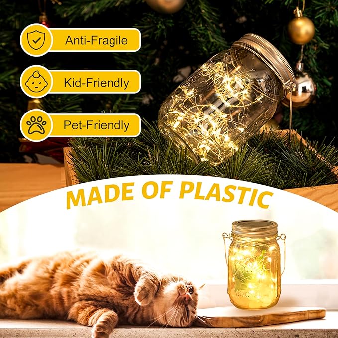 Lanterns, Clear Plastic Mason Jar Solar Lights, 8 Pack with Warm White LED