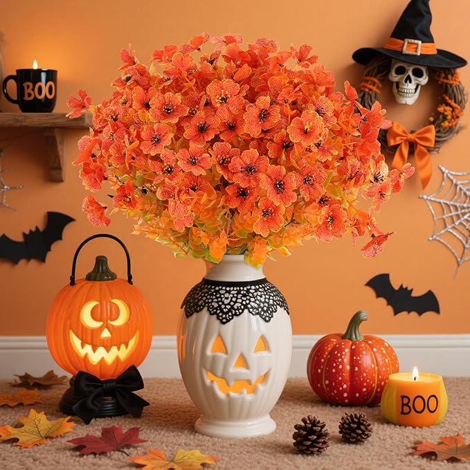 Artificial Flowers in Orange Fall Shades, 16 Bundles, Outdoor Use