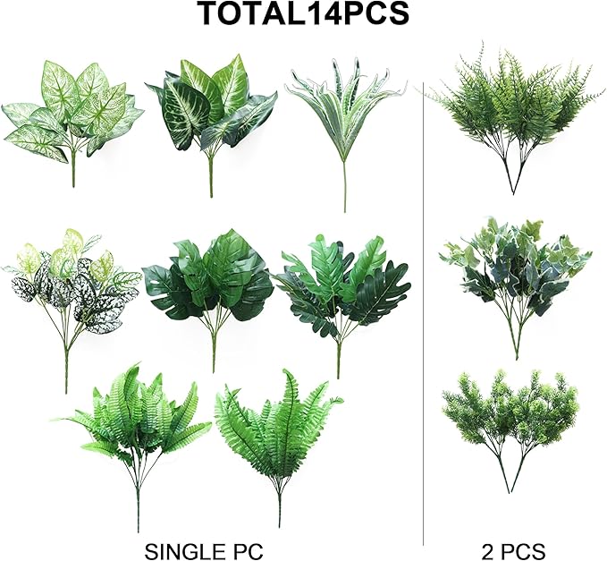 Artificial Greenery Plants Set, 14 Pieces, 11 Varieties, UV-Resistant Outdoor