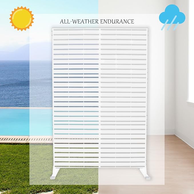 Decorative Fence Privacy Screen, Metal, 47.2 x 74 Inch, White Horizontal Slat