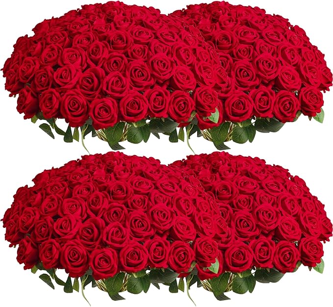 Artificial Flowers: 104 Pcs Red Faux Roses in Silk and Plastic