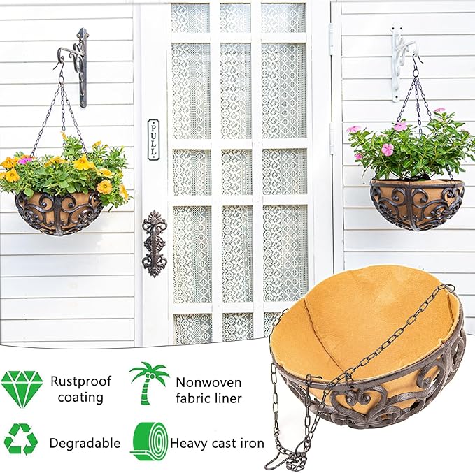 Hanging Planters, 2-Pack Round Cast Iron Baskets with Fiber Liner in Brown