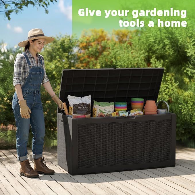 Deck Box, 120 Gallon Black Resin Outdoor Storage with Bench Lid