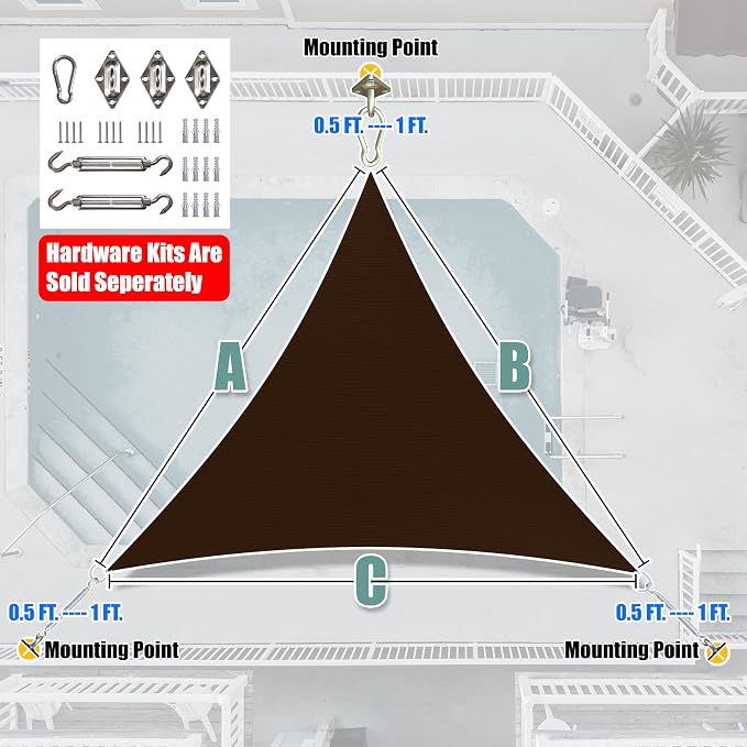 Amgo Custom Size 12' x 12' x 12' Brown Triangle Sun Shade Sail UPF50+ AGTAPRT12 - Image 8