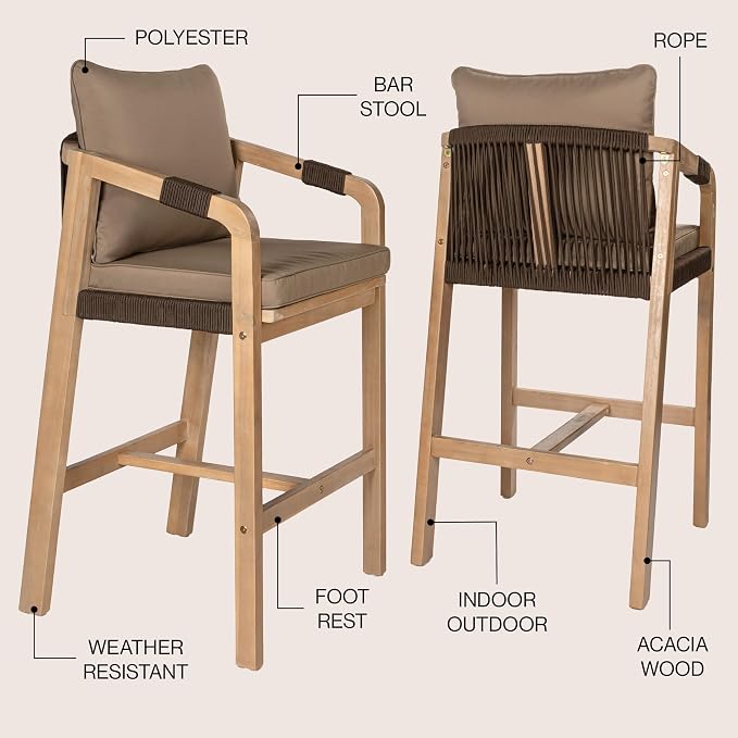 JONATHAN Y BSL1200C-SET2 Porto Modern Coastal Tub Roped Acacia Wood Outdoor Bar - Image 3