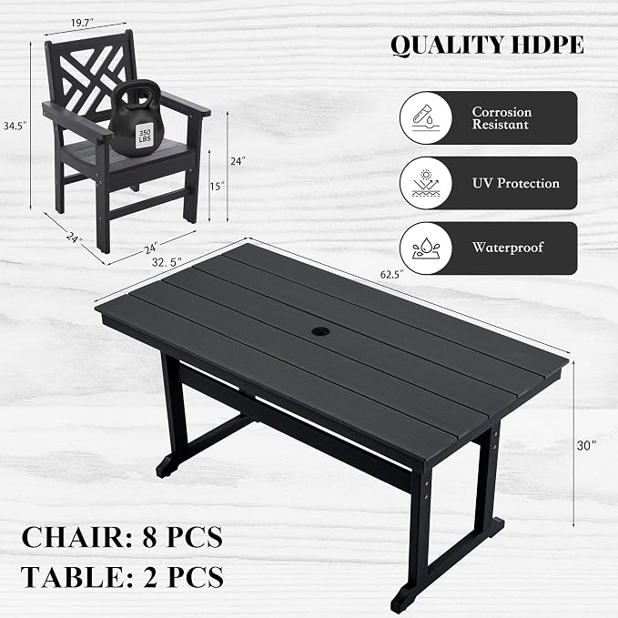 HDPE Outdoor Dining Set, 10-Piece Outdoor Table and Chairs Include 8 Dining - Image 2