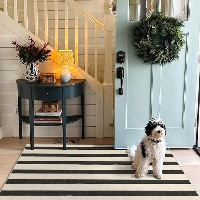 Outdoor Rugs, Black and White Striped Polyester Entry Mat, 3 x 5 ft