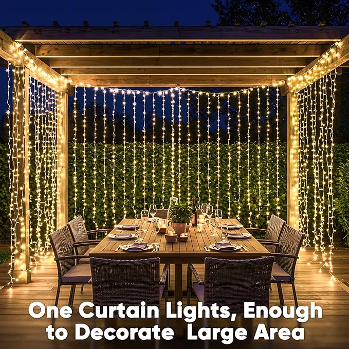 Curtain String Lights, 900 LED, Warm White, 8 Modes