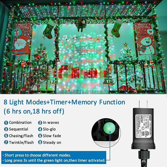 String Lights, 500 LED Outdoor Holiday Lights, 165ft Red White Green