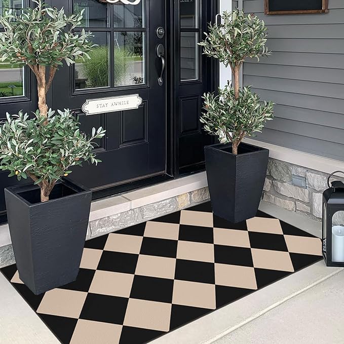 Outdoor Rug Door Mat, Black and Tan Checkered, 2 x 4.3 Ft