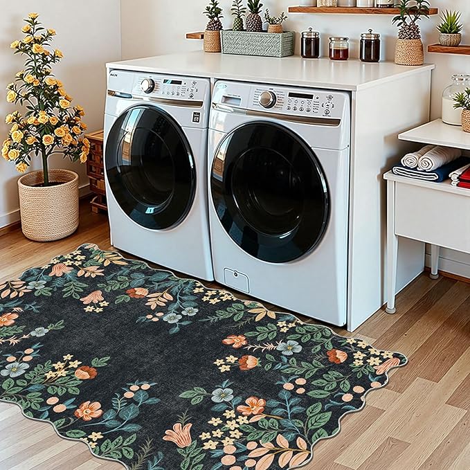Outdoor Rug 3x5 Ft Black Floral Washable Non-Slip Entry Mat