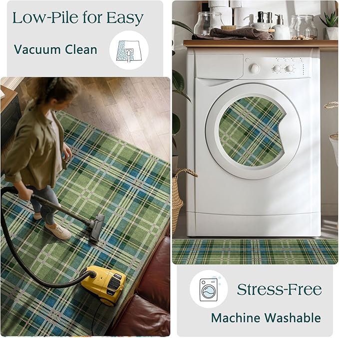Outdoor Rug 2x4.3 Ft Green Plaid Tartan, Non-Slip Machine Washable
