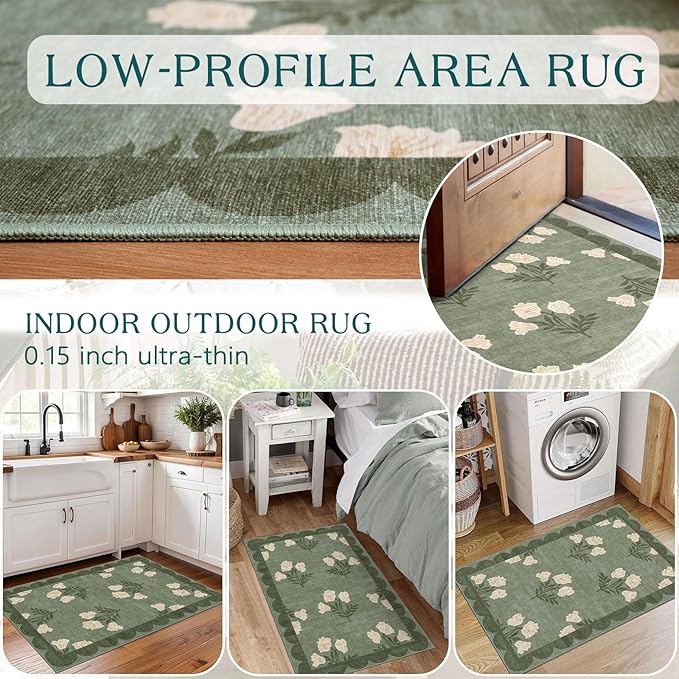 Outdoor Rug, Sage Green Floral Scalloped Edge, 2 x 3 ft