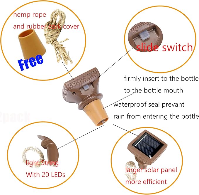 Solar String Lights for Wine Bottles, 12 Pack, Warm White
