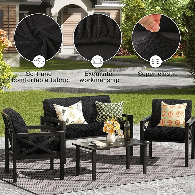Cushion Covers, 8 Piece Black Outdoor Set, Water-Repellent Polyester Blend