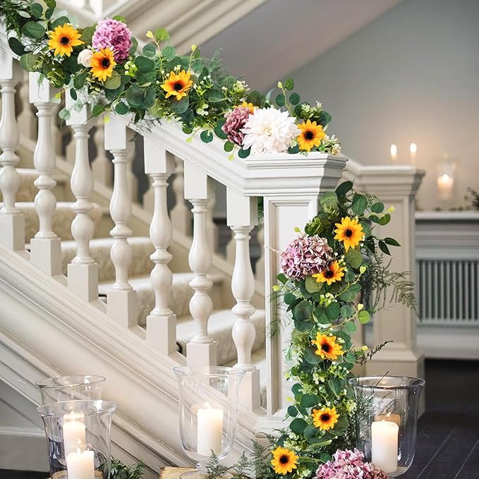 Artificial Flowers: Silk Sunflower Garland, Yellow & Green, 6.6 ft, 2 Pack
