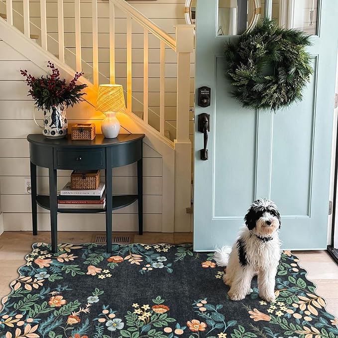 Outdoor Rug 3x5 Ft Black Floral Washable Non-Slip Entry Mat