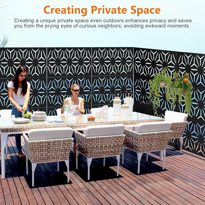Decorative Fence Privacy Screen, 3-Panel Black Metal, 72 in Tall