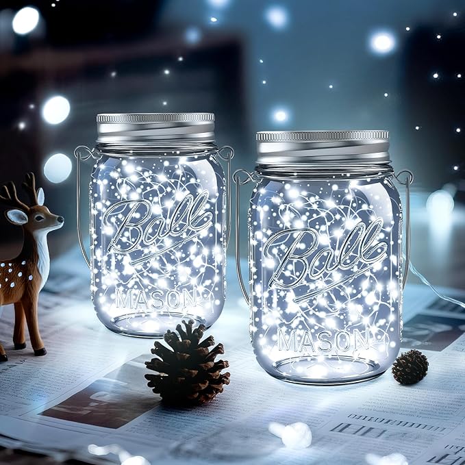 String Lights 12-Pack Solar Mason Jar Lights, Cool White LED
